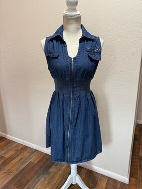 J Gee - Sleeveless Smocked Waist Denim  Dress in Dark Blue - Size PL